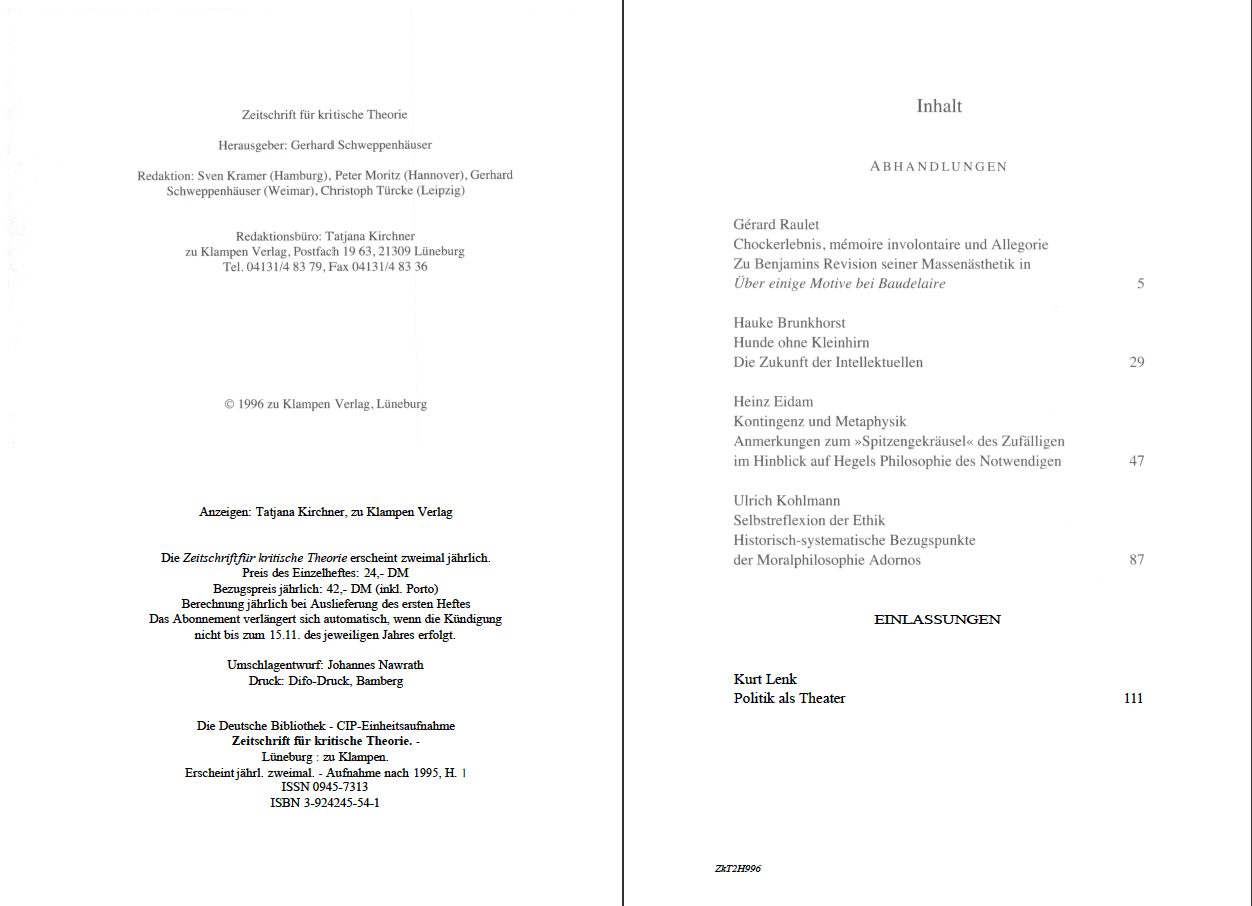 Blick ins Buch zu Zeitschrift für kritische Theorie / Zeitschrift für kritische Theorie, Heft 2 (1996)