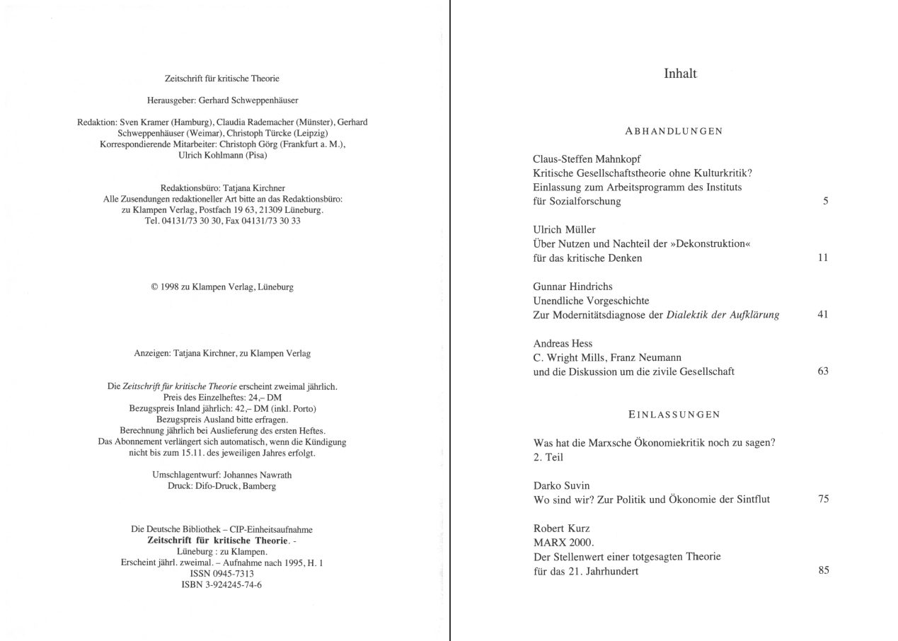 Blick ins Buch zu Zeitschrift für kritische Theorie / Zeitschrift für kritische Theorie, Heft 7 (1998)