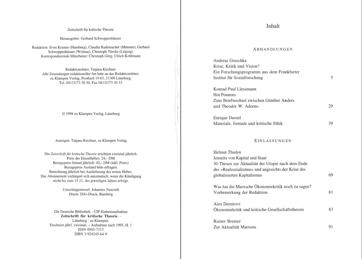 Blick ins Buch zu Zeitschrift für kritische Theorie / Zeitschrift für kritische Theorie, Heft 6 (1998)